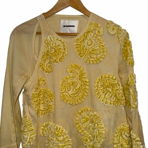 Jil Sander Yellow Embroidered Paisley Kaftan Midi Dress Cotton Sheer IT36 US 2 - Picture 4 of 15